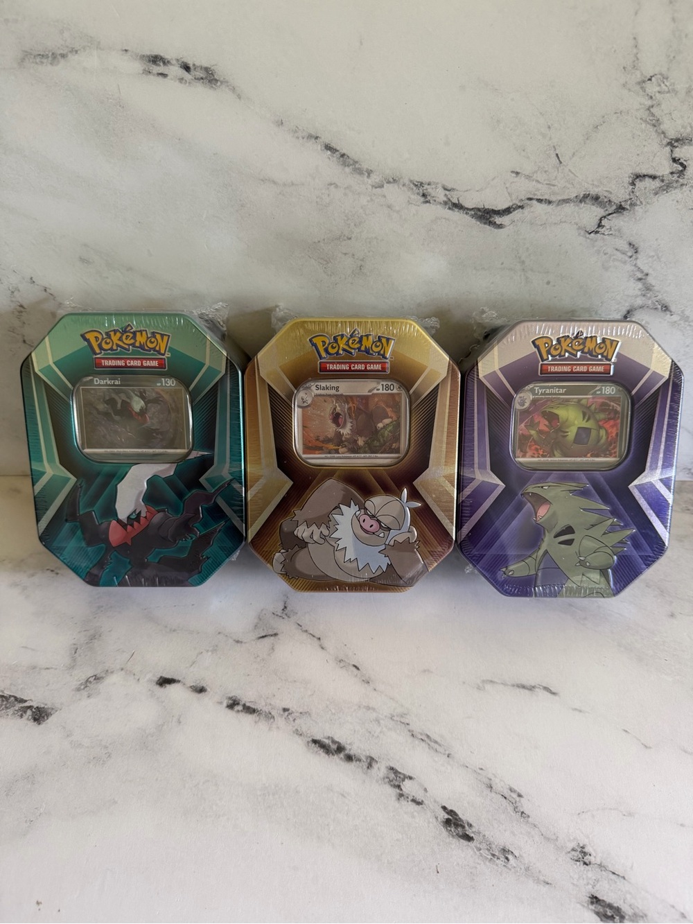 Pokemon Triple Whammy Tin COMPLETE SET - Darkrai, Slaking, Tyranitar